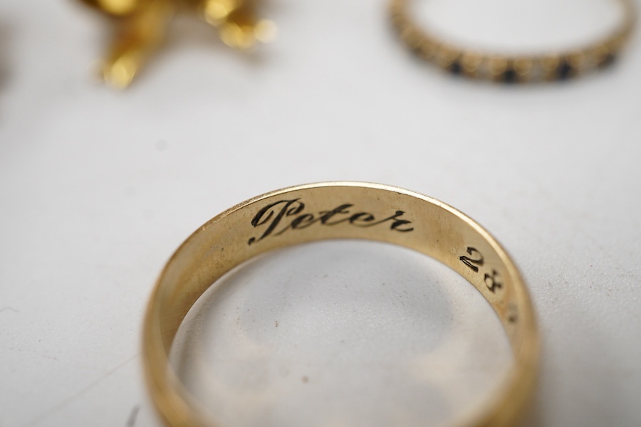 A collection of jewels, including a shell cameo pendant, length 3cm; a chain, length 45.5cm; two sapphire and diamond rings, each size H; and a wedding band, size J, each with British hallmarks for 9ct gold, combined gro